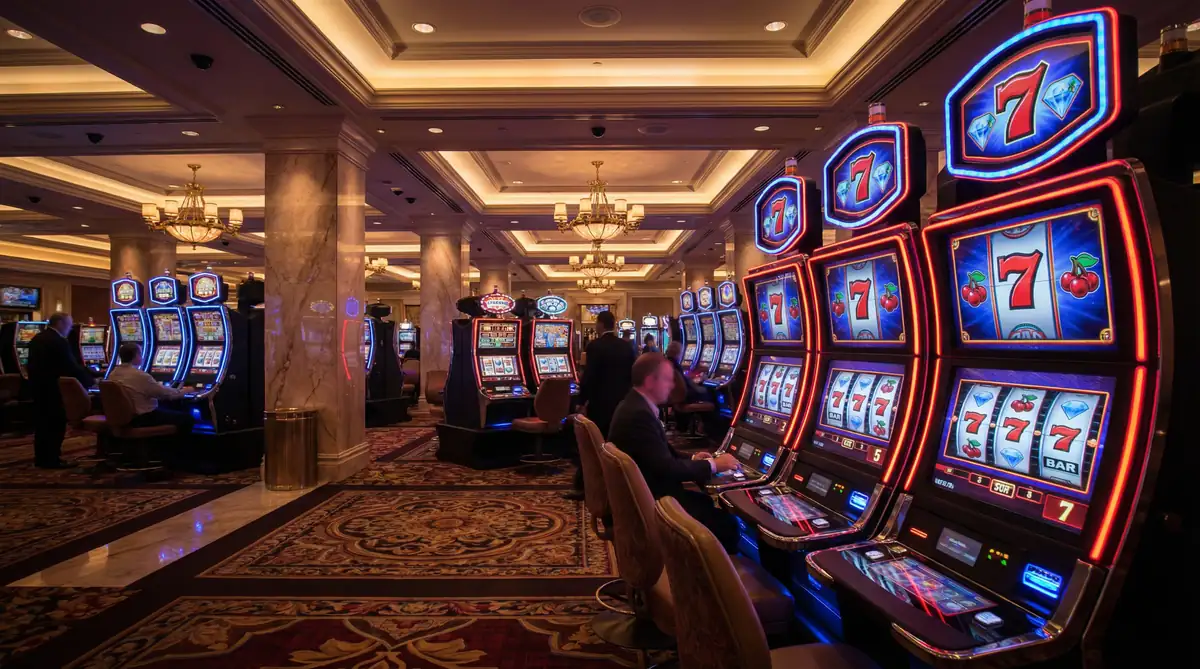 Sala de tragamonedas en casino con máquinas modernas
